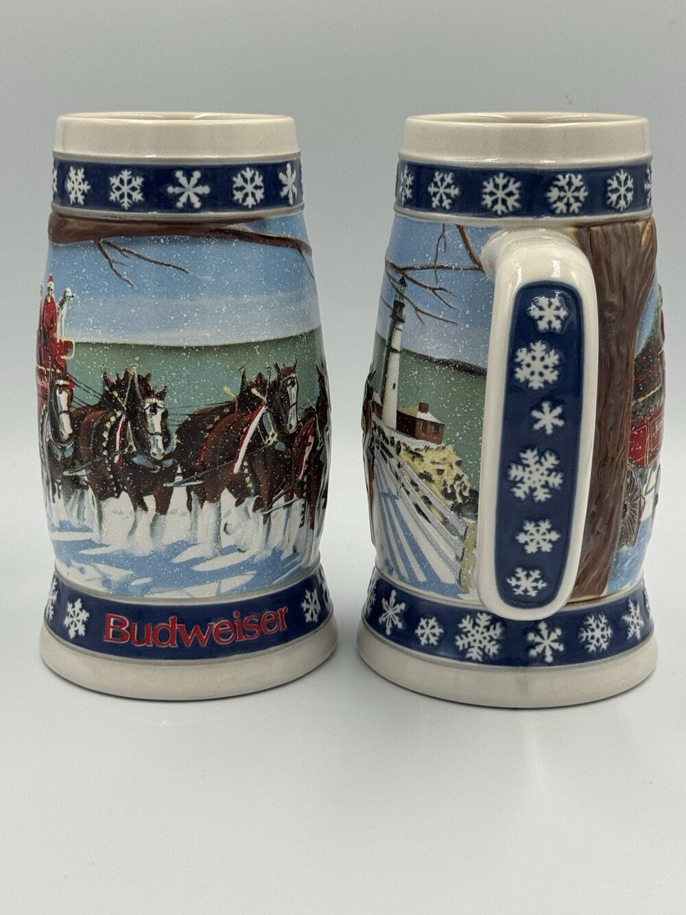 Pair 1995 Budweiser Holiday Beer Steins Lighting the Way Home Ceramarte